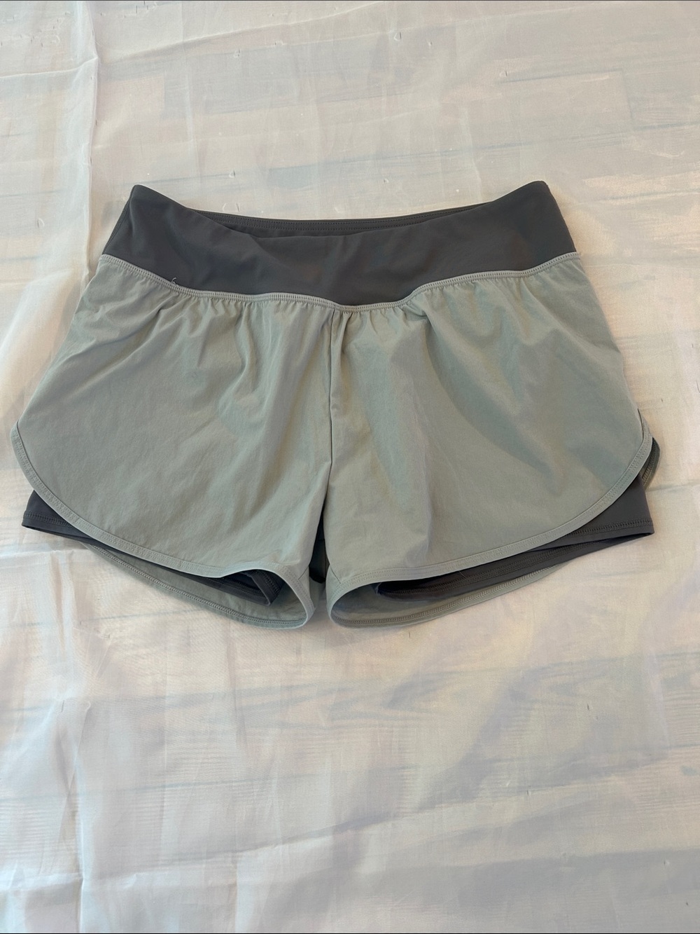 Women’s Light Gray Layered Athletic Shorts with Dark Gray Waistband